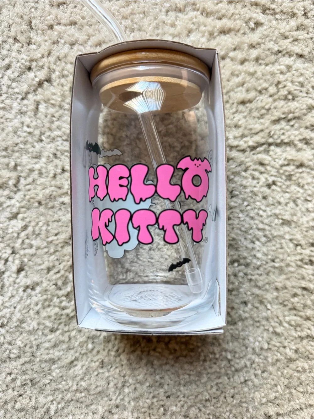 Green Hello Kitty Glass Water Bottle with Pink Bow